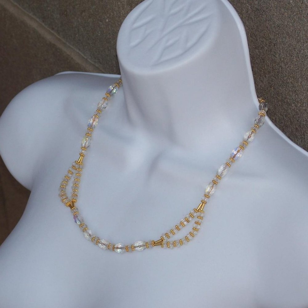 Handmade Crystal Necklace with Clear Beads and Gold Plated Brass Accents 21 inch